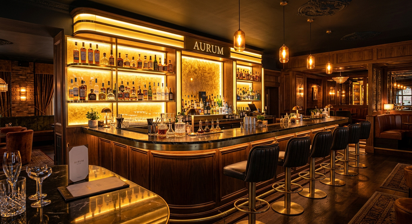 Elegant cocktail bar with golden backlighting and premium spirits at PrestigeStay Horizon resort