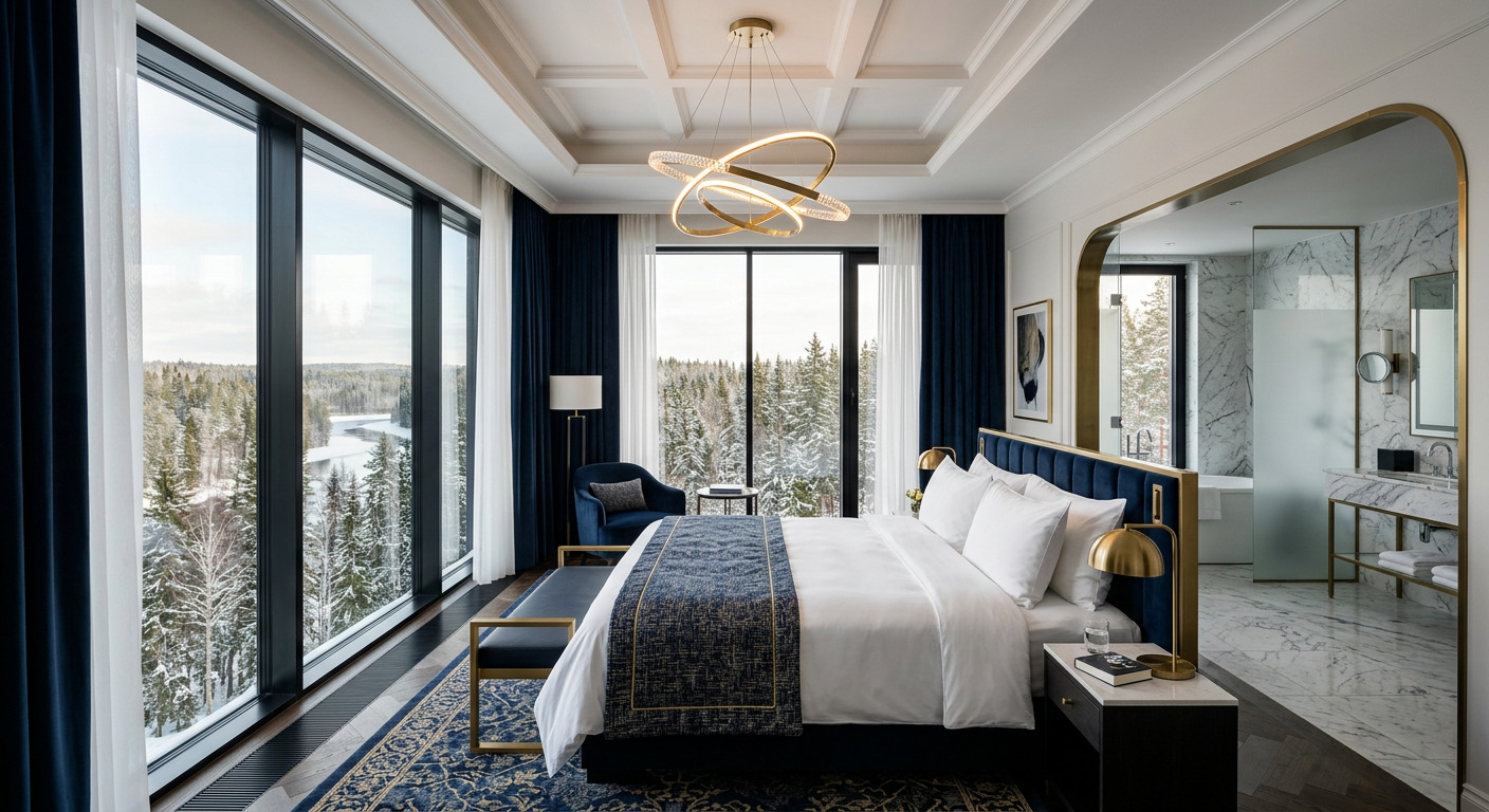 Luxury hotel suite with king bed and Finnish forest view at PrestigeStay Horizon resort
