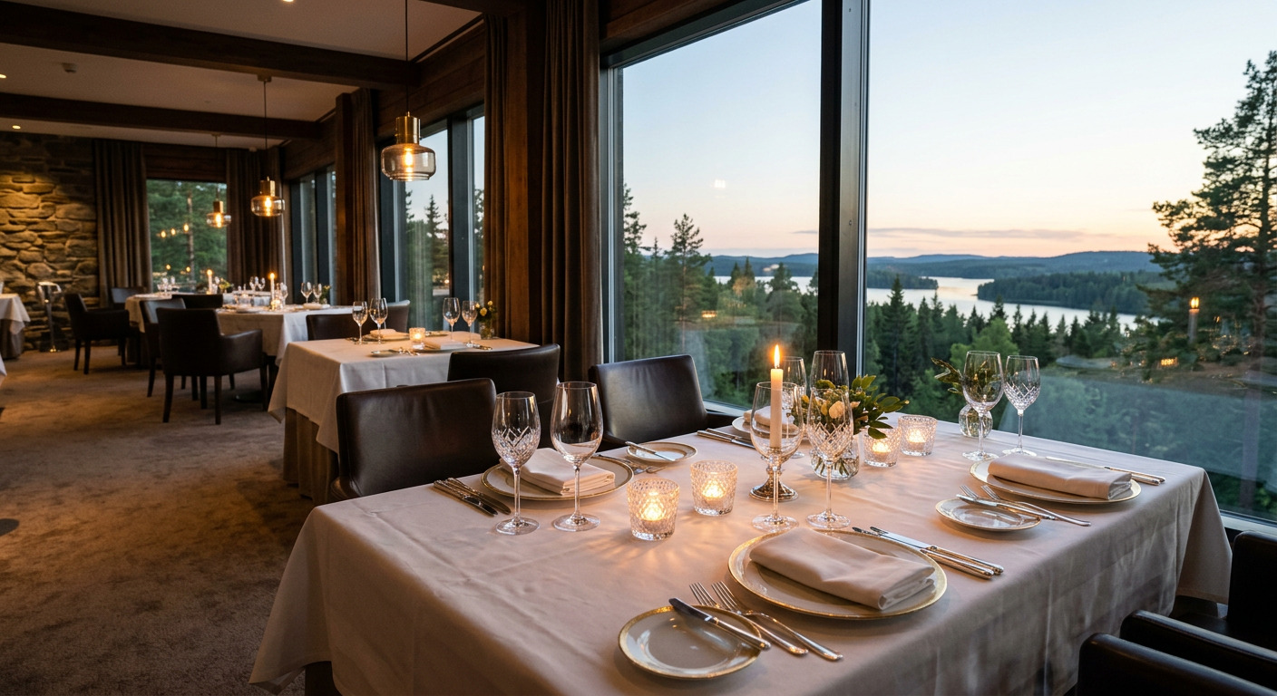 Fine dining restaurant with elegant table settings and panoramic windows at PrestigeStay Horizon