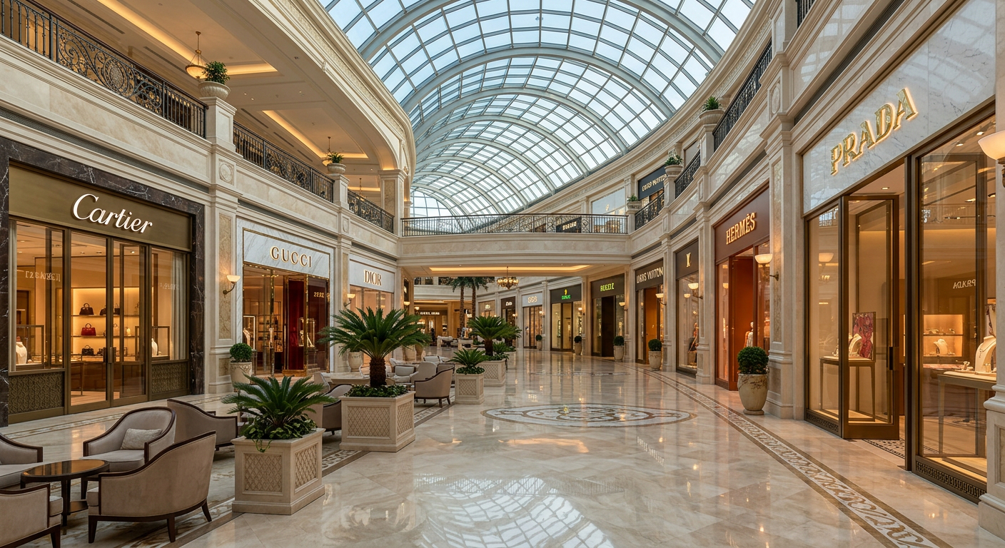 Luxury shopping mall interior with high-end boutiques inside PrestigeStay Horizon resort